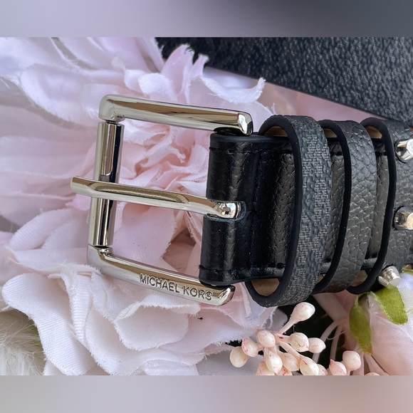 Michael Kors Women's Triple Loop Studded Black Logo Belt - Picture 11 of 14